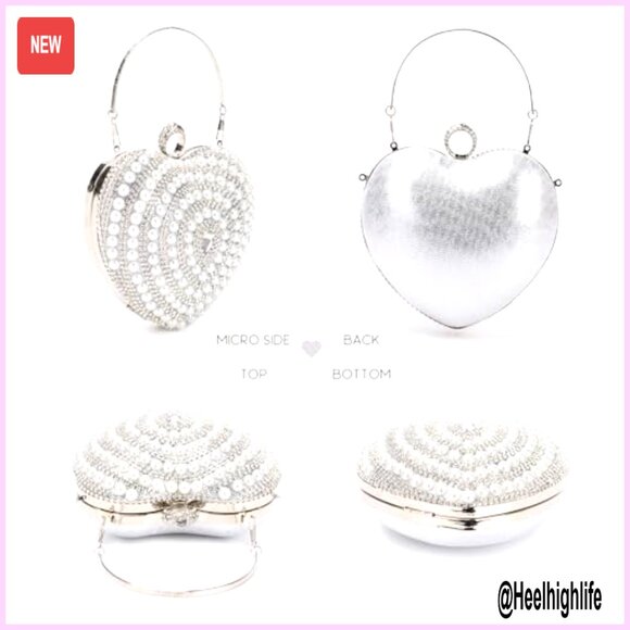 Heart Shape Evening Clutch with Pearl Rhinestone Detachable Chain Strap